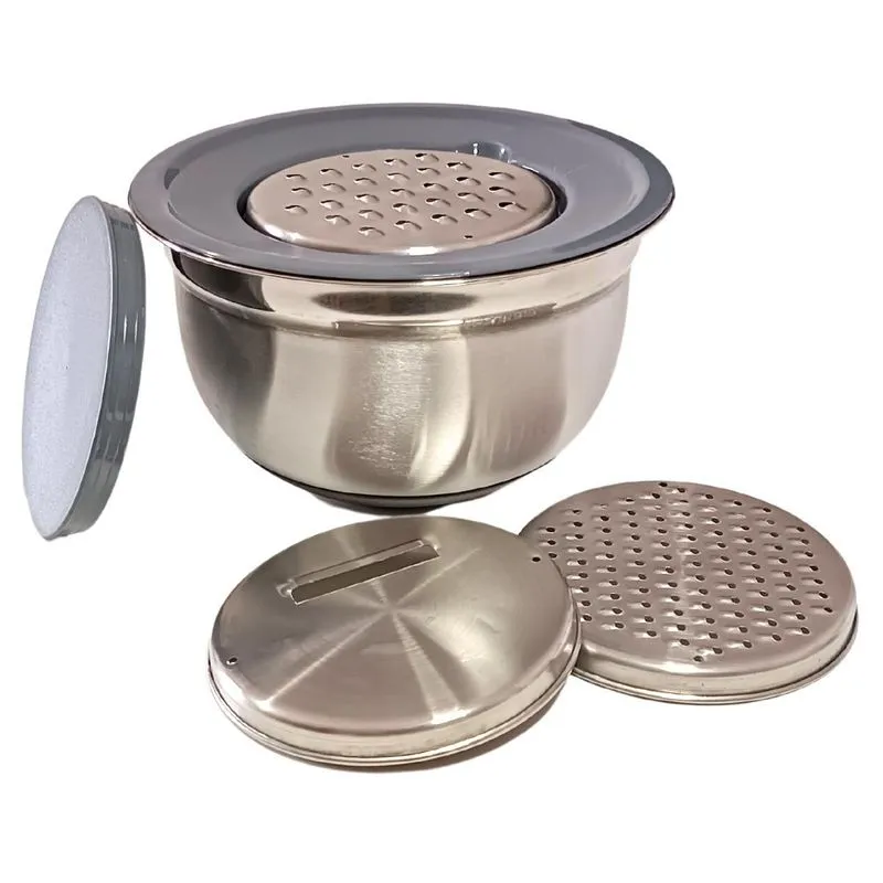 Jogo Bowl Inox Com Ralador E Tampa Base Antiderrapante 20cm