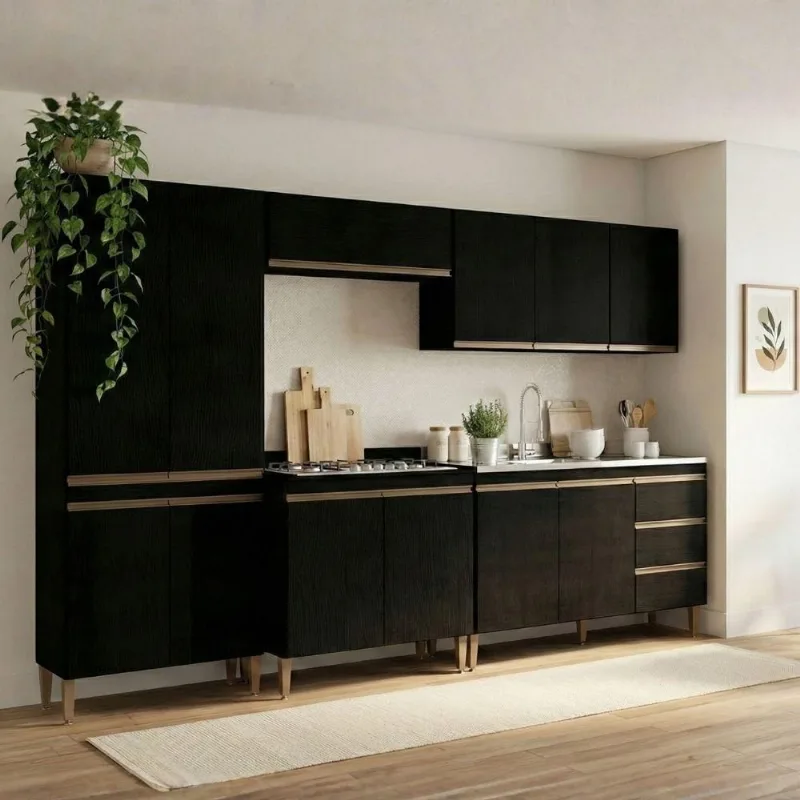 Armário de Cozinha Milão 5 Portas 3 Gavetas MDP-MDF 280CM Preto
