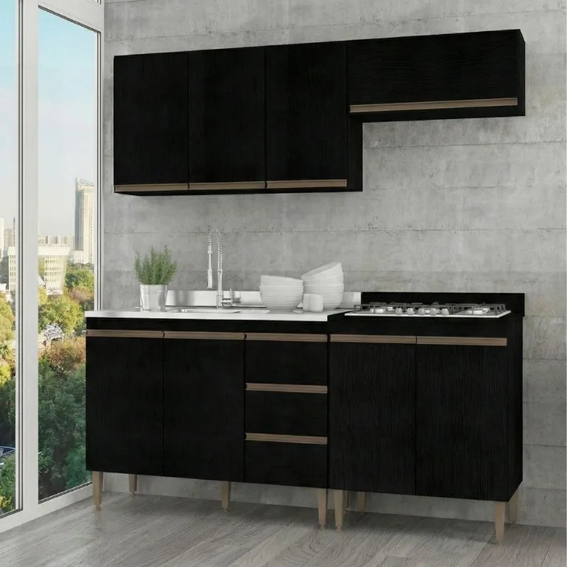 Armário de Cozinha Milão 4 Portas 3 Gavetas MDP 200CM Preto Menu Móveis