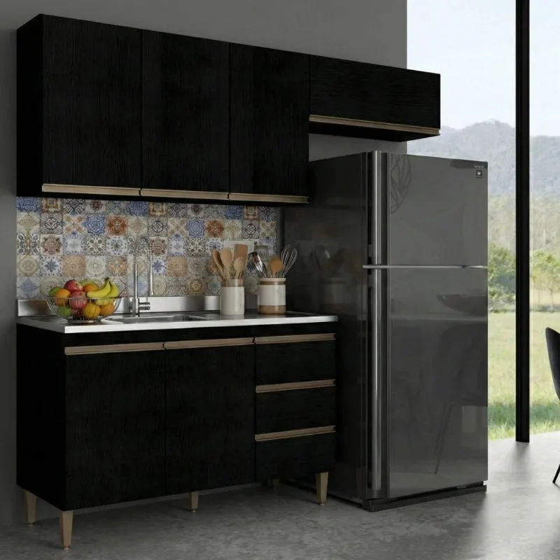 Cozinha Compacta Milão 3 Módulos 3 Gavetas MDP 200CM Preta Menu Móveis