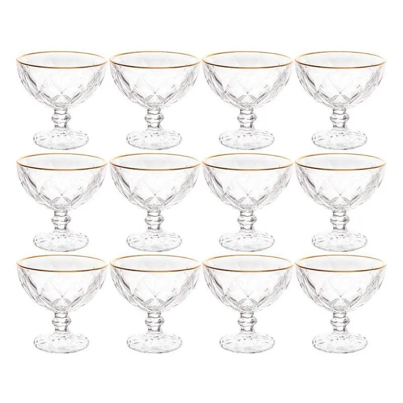 Jogo De Sobremesa 12 Taças Vidro Com Borda Fio Dourado Diamond Lyor 250ml