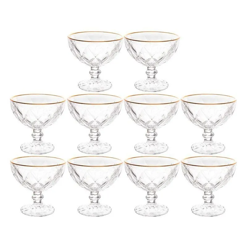 Jogo De Sobremesa 10 Taças Vidro Com Borda Fio Dourado Diamond Lyor 250ml