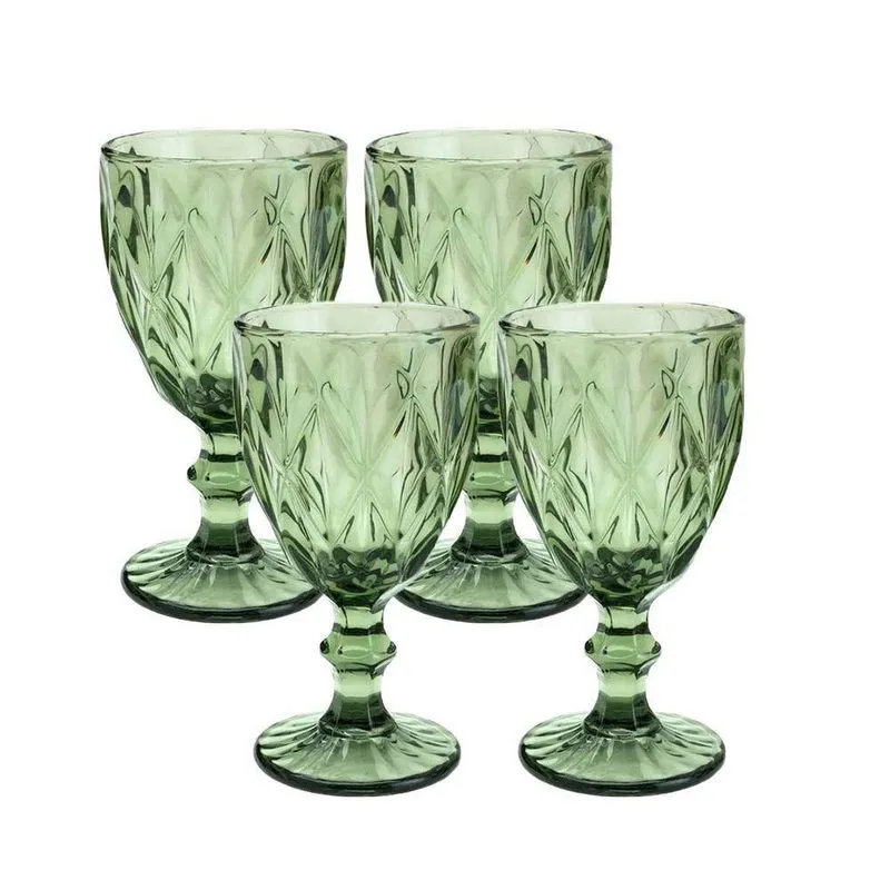 Taça Diamond Para Água E Vinho De Vidro Facetado Verde Lyor