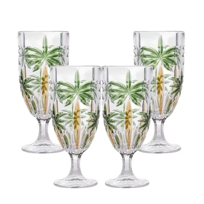 Jogo 4 Taças De Cristal Palm Tree Coqueiro Para água Suco Wolff 450ml