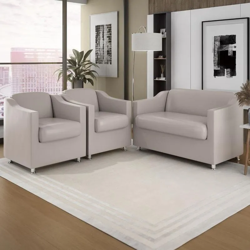 Kit Sofá Namoradeira Tilla + 2 Poltronas Sala Recepção Cor:Bege