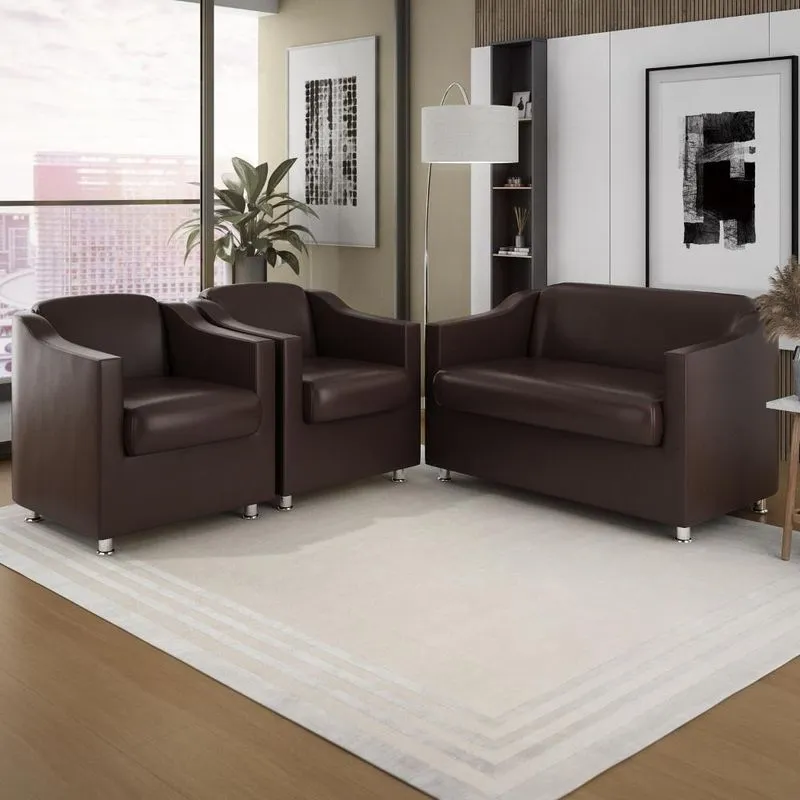 Kit Sofá Namoradeira Tilla + 2 Poltronas Sala Recepção Cor:marrom