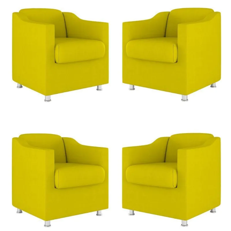 Kit 4 Poltronas Decorativas Clinica Sala Recepção Tecido Suede Cor:Amarelo