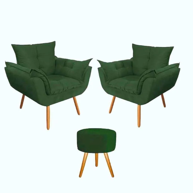 Kit 2 Poltronas Opalas Com Puff Redondo Suede Verde