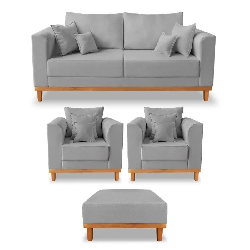 Kit Sofá 3 Lugares E 2 Poltronas Beny + Puff Isa Linho Cinza