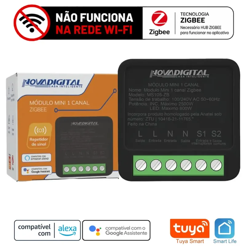 Mini Relé Zigbee de 1 Canal Tuya Nova Digital