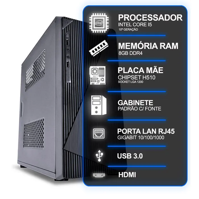 Computador Desktop, Intel Core I5 10ª Geração, 8GB RAM, Sem SSD, Conexões USB/VGA/HDMI/LAN/SOM - Primex - Distribuição de Produtos de Tecnologia para Empresas