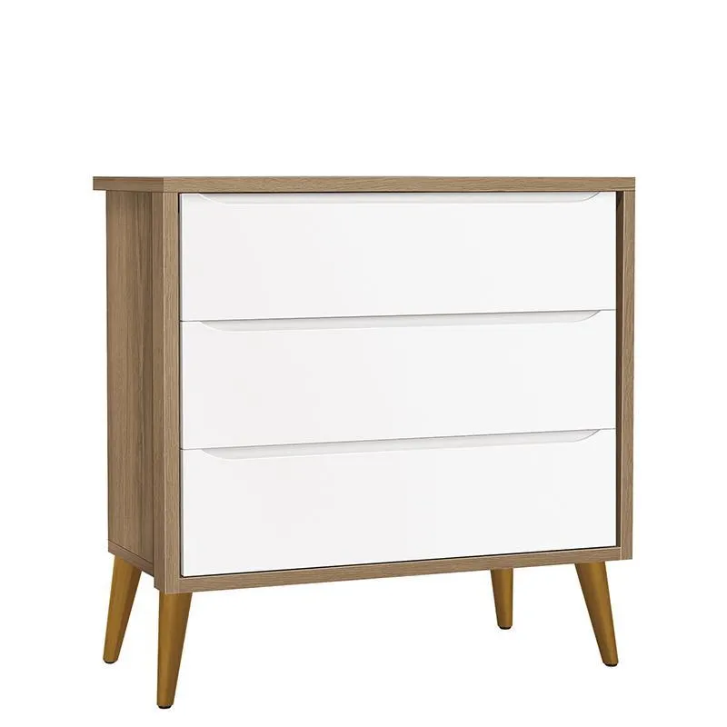 Cômoda Infantil 3 Gavetas Theo Retrô com Pés Amadeirado - Reller Móveis Branco Fosco/Mezzo