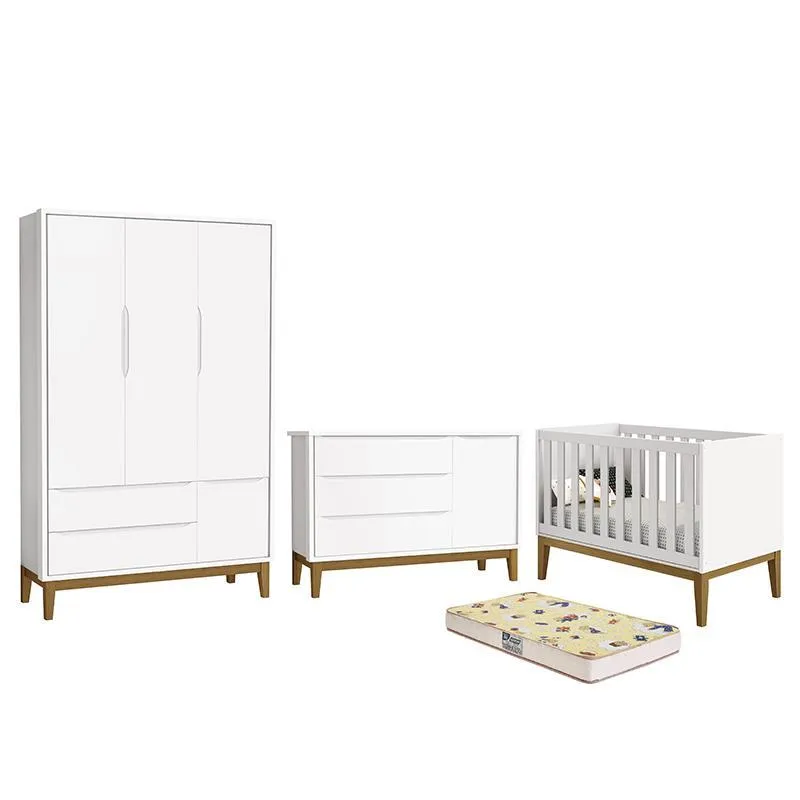 Dormitório Infantil Classic 3 Portas, Cômoda 1 Porta, Berço Branco Com Pés Amadeirado E Colchão D18 - Reller Móveis