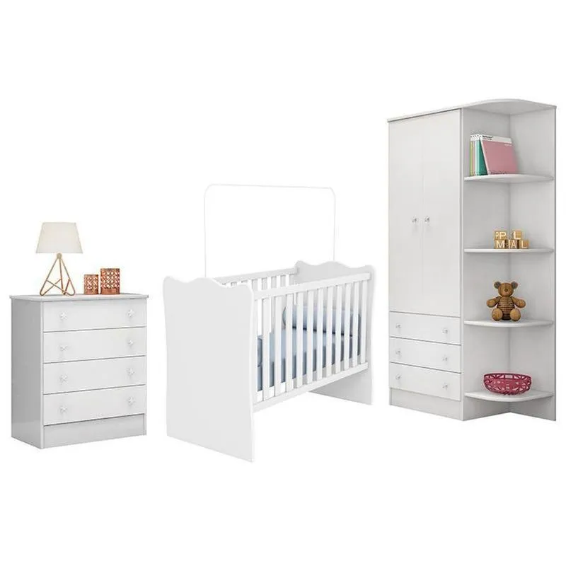 Dormitório Infantil Doce Sonho 2 Portas, Cômoda 4 Gavetas E Berço Branco - Qmovi Branco