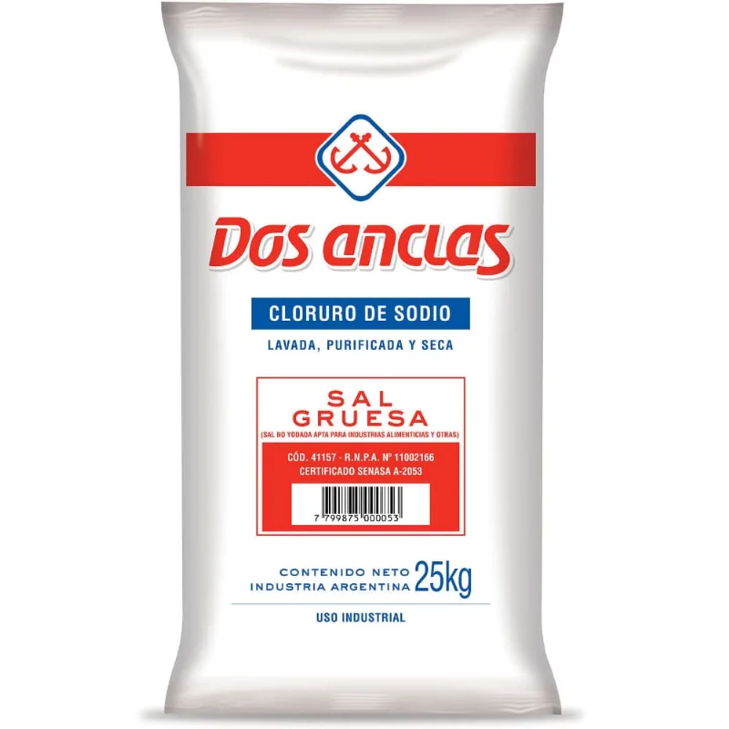 Sal gruesa seca Dos Anclas paquete 25 kg.