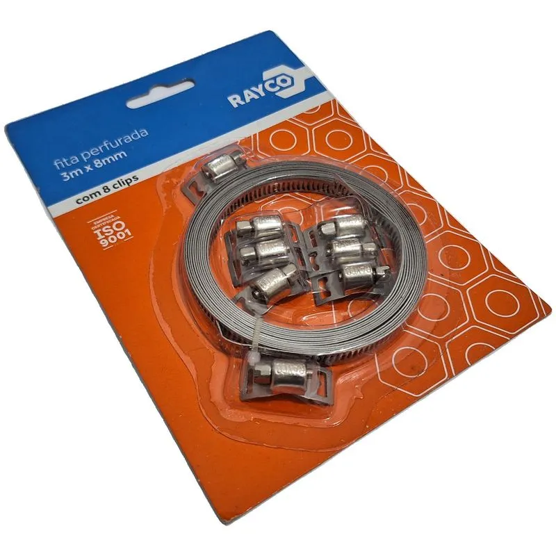 Fita Perfurada Aço Inox 6m X 8mm 16 Clip Aperto Abraçadeira
