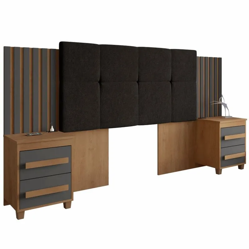 Cabeceira Estofada para cama box casal/Queen/king rv Móveis Suíça com 02 mesas de cabeceira com tomada cinamomo Grafite