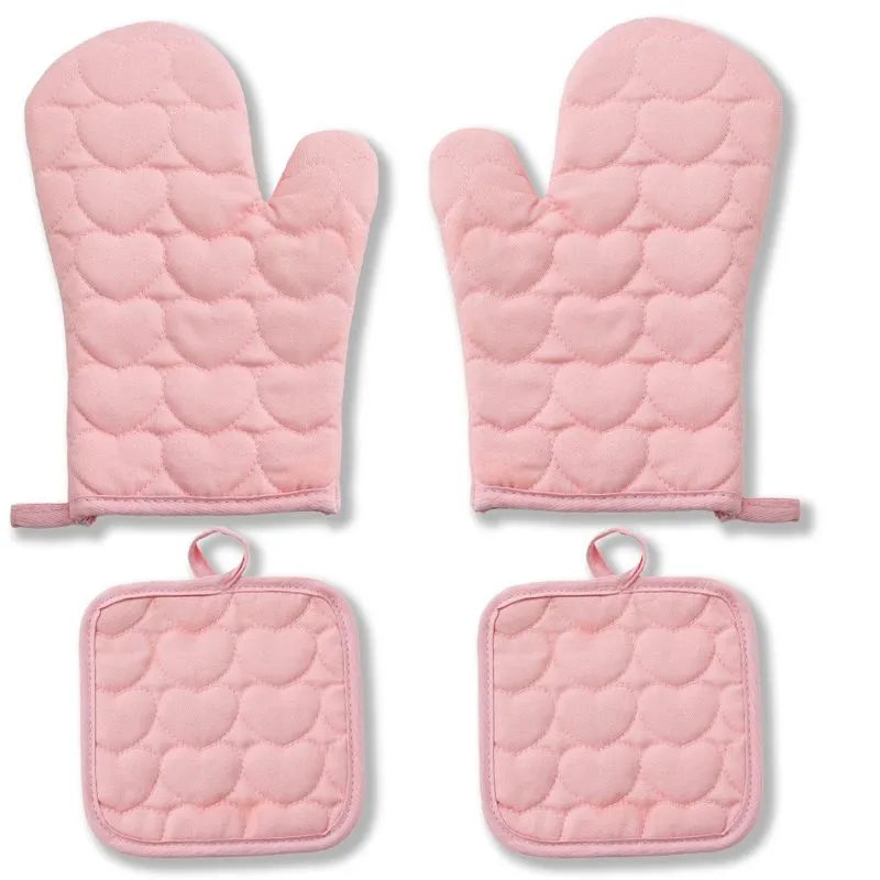 Conjunto De Luvas Resistentes Ao Calor Com Design De Coração Rosa De Silicone De 4 Peças