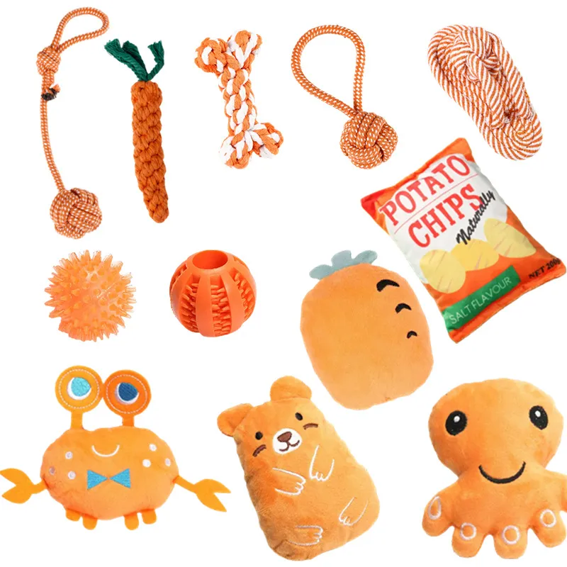 Conjunto De Brinquedos Para Cães Laranja De 12 Peças Com Corda Para Mastigar E Brinquedos De Pelúcia