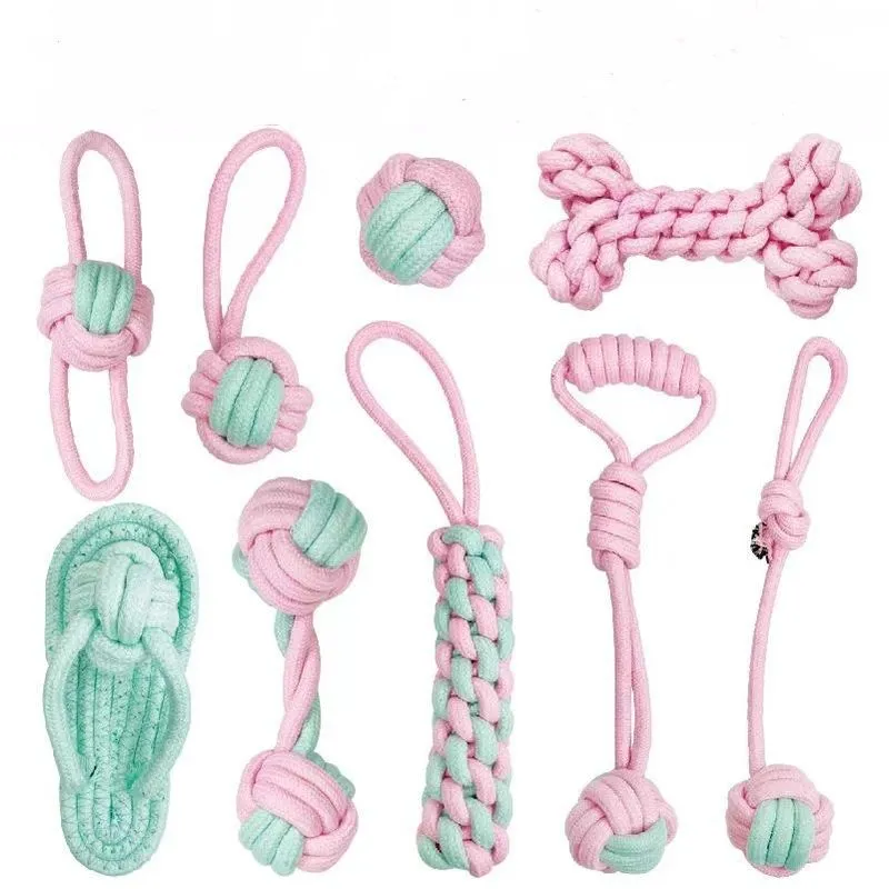 Conjunto De Brinquedos Para Cães, Corda De Algodão, 9 Peças, Rosa E Menta Para Mastigar