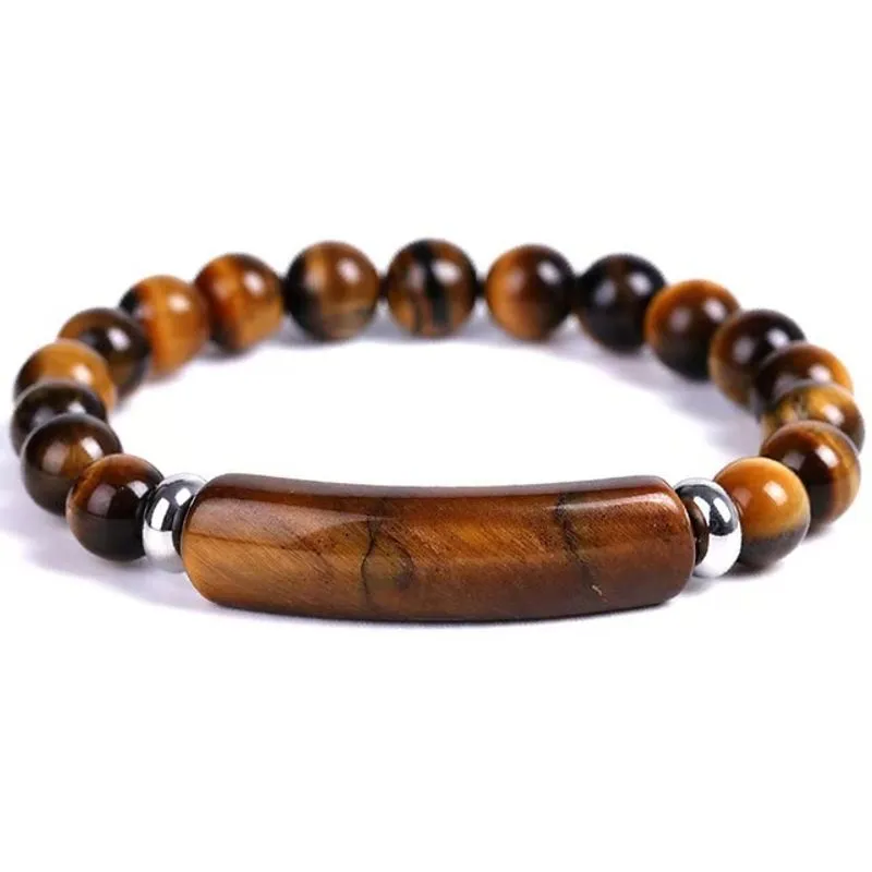 Pulseira Tiger Eye Stone Com Detalhes Em Prata Para Homens 18,5 Cm