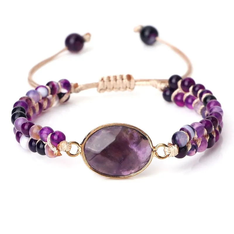 Pulseira De Ametista E Ágata Frisada Com Pedra Central Dourada