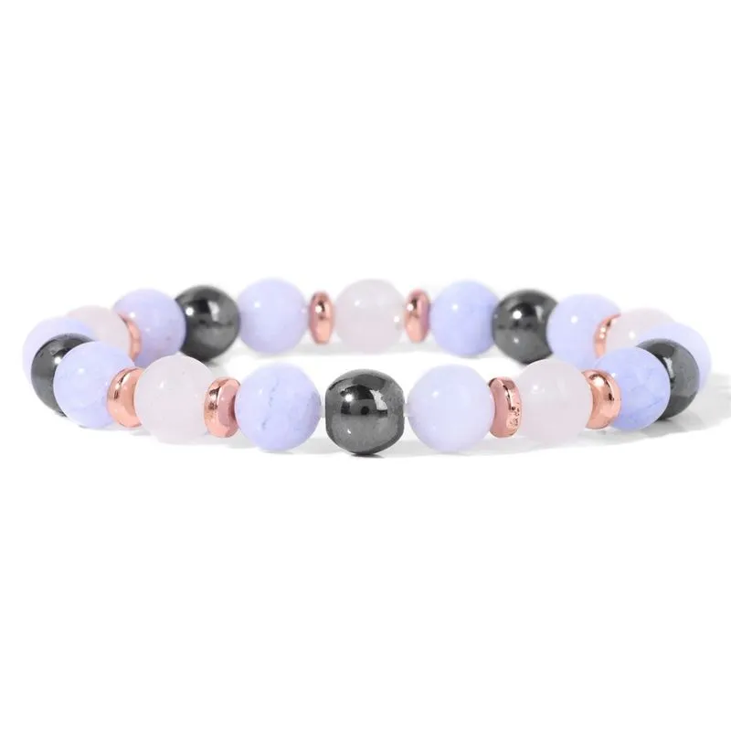 Pulseira De Pedra Natural Frisada Com Espaçadores Em Ouro Rosa Azul/preto