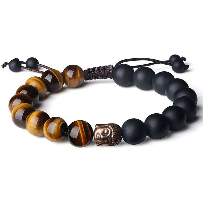 Pulseira De Olho De Tigre E Miçangas De Ônix Fosco Com Pingente De Buda