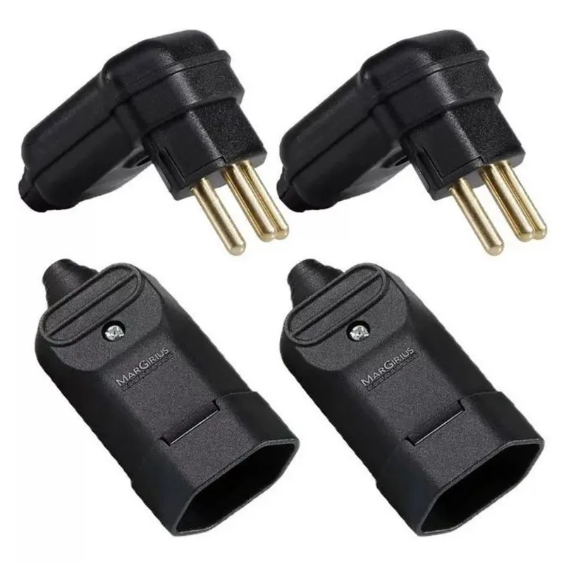 2 Plug Macho 90 Graus + 2 Tomada Femea 3 Pinos 10a Preta Prensa Cabos Margirius