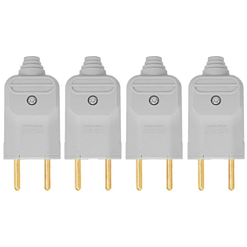 Kit 4 Tomada Plug Macho Prensa Cabo 2 Pinos Finos 10A Cinza