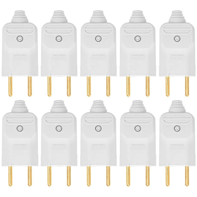 10 Tomada Plug Macho Prensa Cabo 2 Pinos Finos 10A Branco