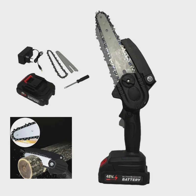 Mini Motosserra Eletrica 48V 6 Polegadas Bateria Recarregavel Sem Fio Potente Corta Lenha Arvore Galho Bambu Multiuso Jardinagem Carpintaria