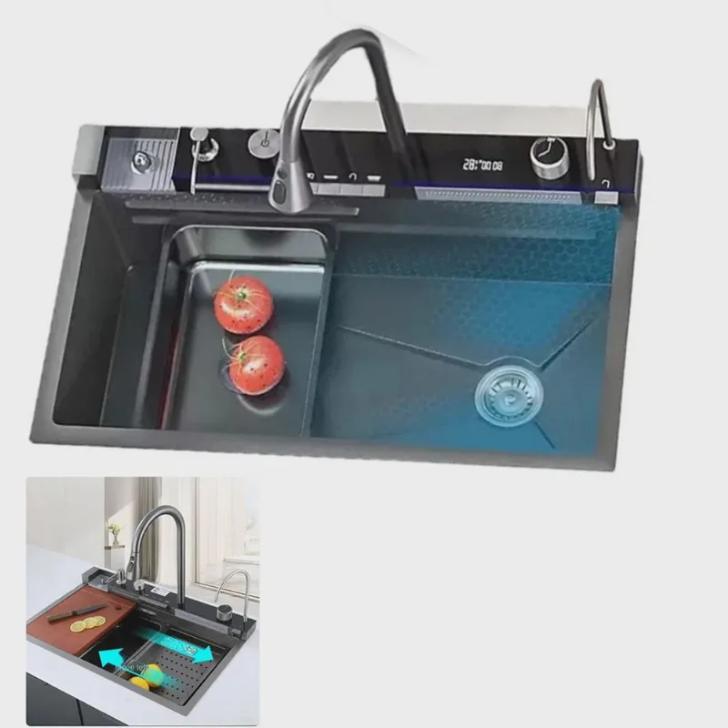 Cuba Gourmet Premium Luxo Pia Inox Cozinha Torneira Cascata Mangueira Agua Fria Quente Painel Monocomando Limpador de Copo Dispenser Dosador Resistente Area Externa