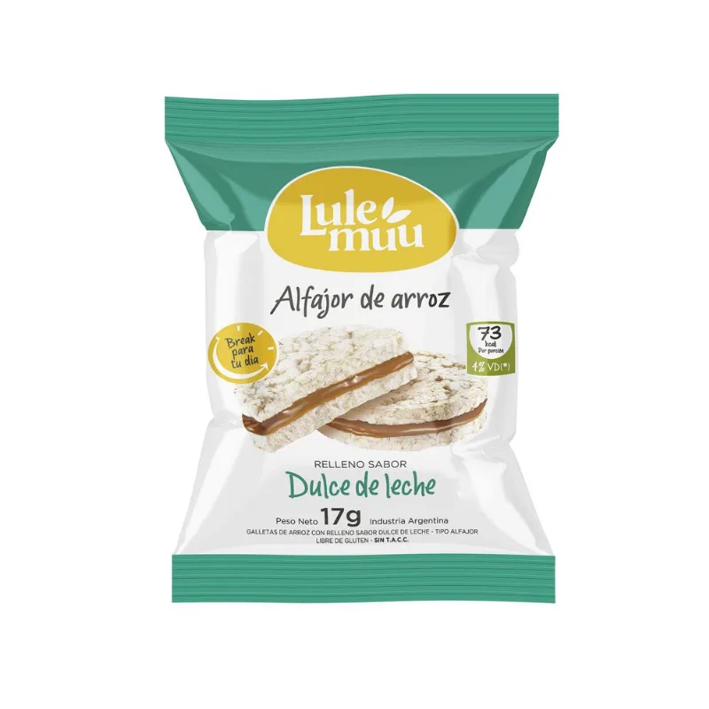 Alfajor de arroz integ y dulce de leche Lulemuu sin TACC 26 g.