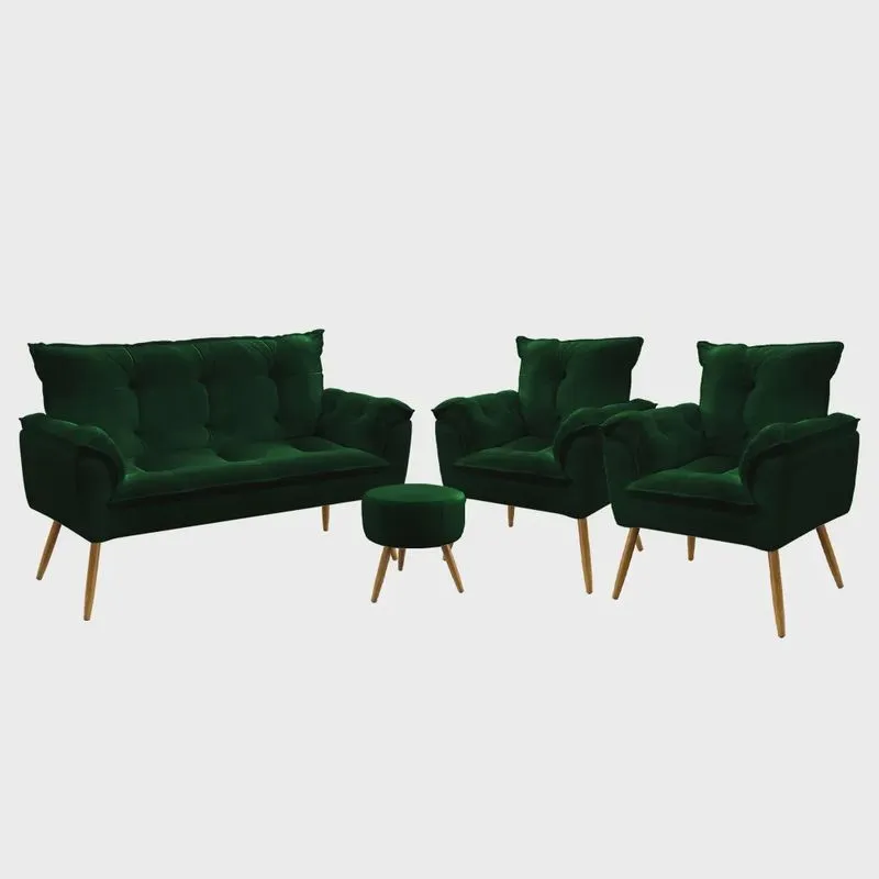 Namoradeira e 2 Poltronas Opala com Puff Solar Veludo Aradecor