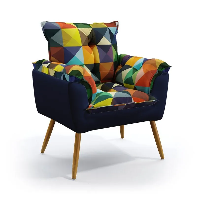 Poltrona Almofadada Decorativa Opala F-015 N-025 Sued Estampado Colorido com Veludo Azul Marinho Aradecor