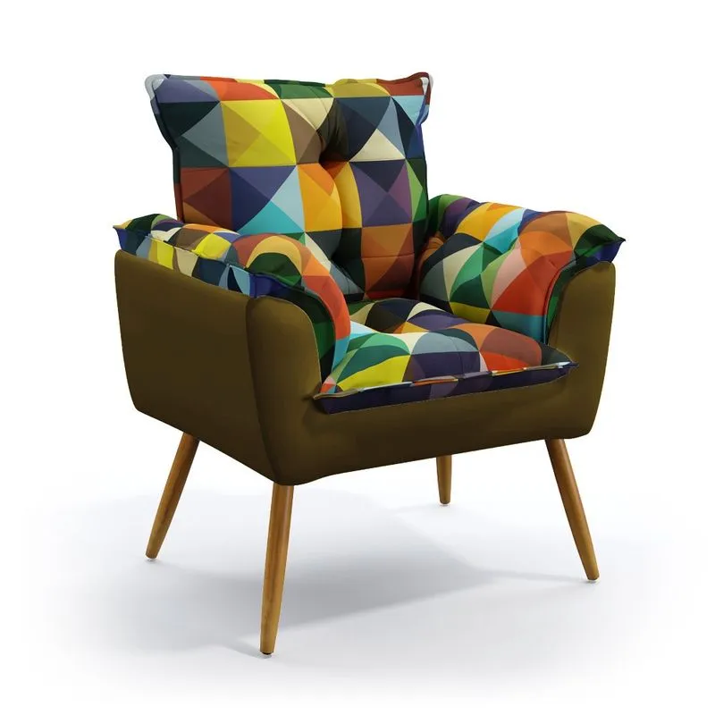Poltrona Almofadada Decorativa Opala F-015 N-028 Sued Estampado Colorido com Veludo Marrom Claro Aradecor