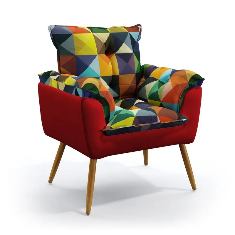 Poltrona Decorativa Opala F-015 N-033 Sued Estampado Colorido com Veludo Vermelho Aradecor