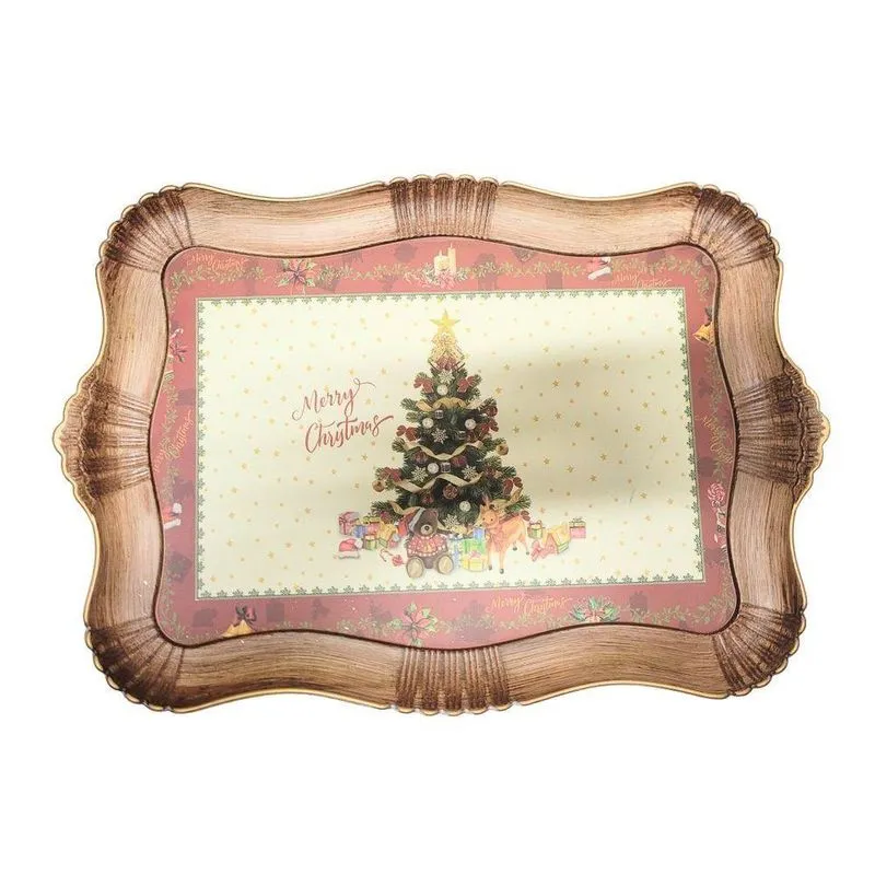 Bandeja Natal Rústica Estampada Árvore De Natal Moldura Ondulada 42cm X 32cm - Magizi