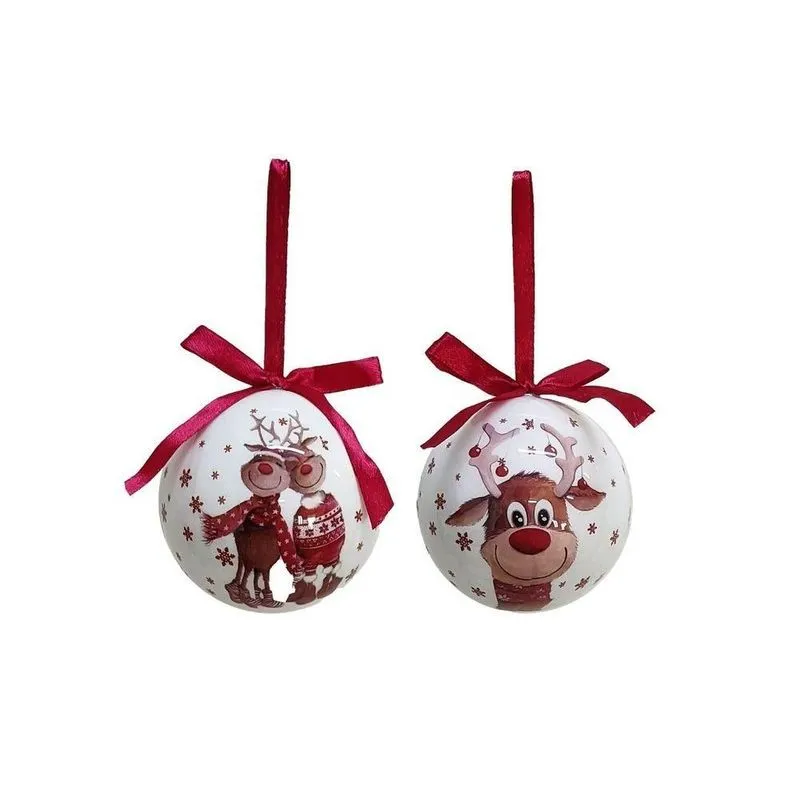 Kit 2 Bolas De Natal Decoradas Brancas Estampa Rena Love E Laço Vermelho 7,5cm