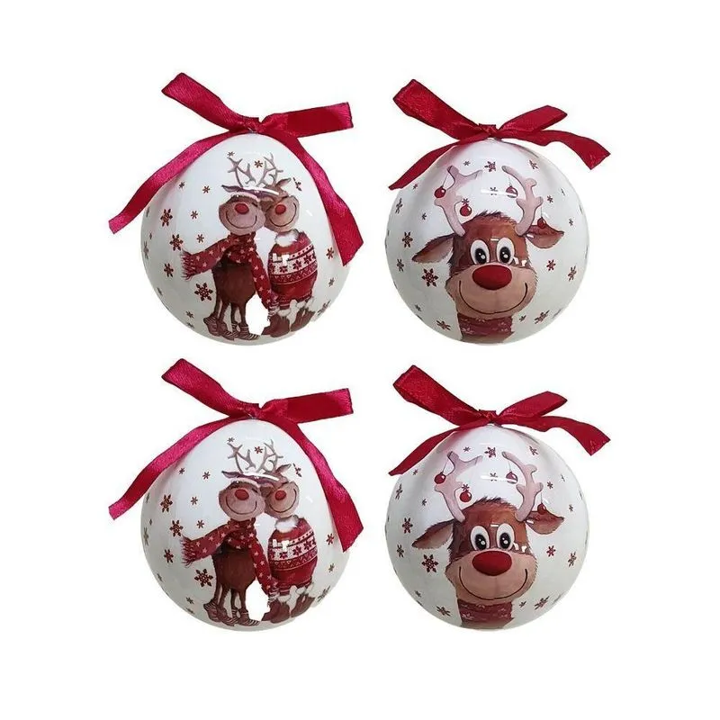 Jogo 2 Bolas De Natal Decoradas Branco Laqueado Rena Love Com Laço Vermelho 7,5cm