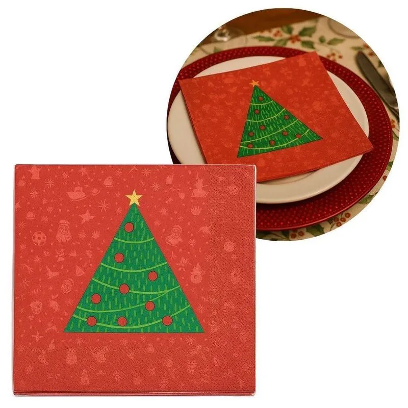 Guardanapo De Natal Estampado Vermelho Pinheiro Verde 33x33cm Folha Dupla Prime Pacote 20 Unidades
