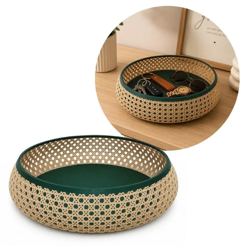 Vaso Cachepot Redondo Baixo Palhinha Treliça 23cm Rattan Sintético Bege Mundial Casa