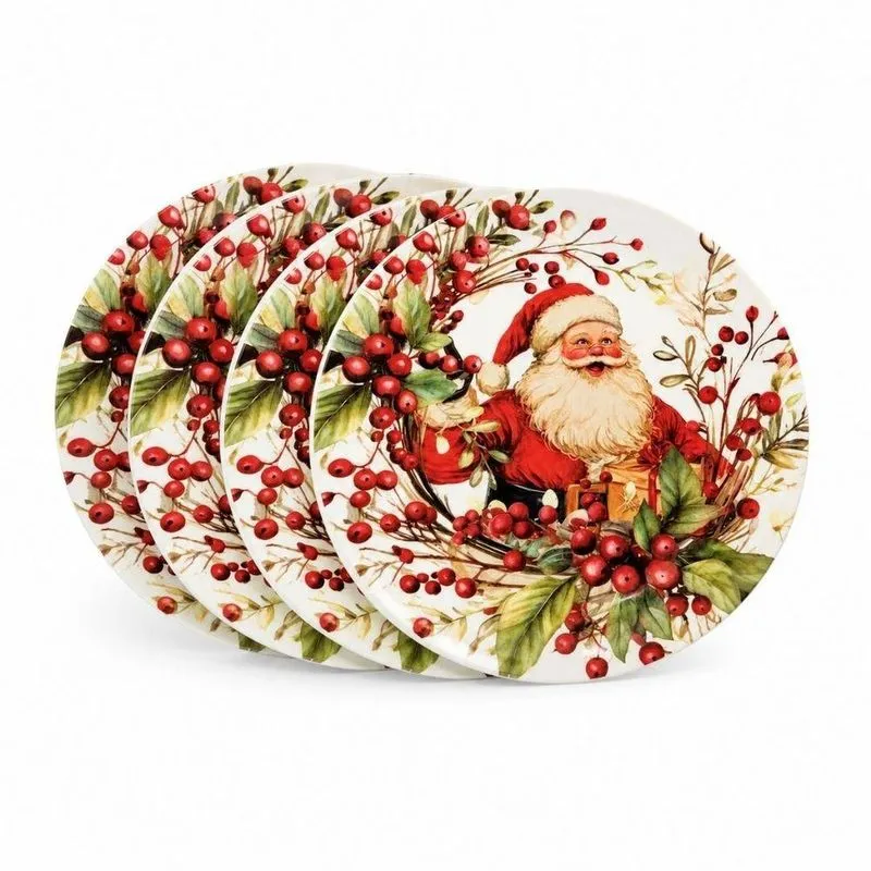 Prato De Sobremesa Papai Noel E Azevinhos Em Melamina Estampa Exclusiva Para Ceia Natal Vermelho