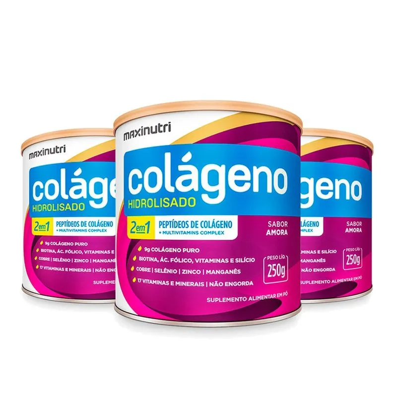 Kit 03 Colágeno em Pó Hidrolisado Lata 250g Amora Maxinutri