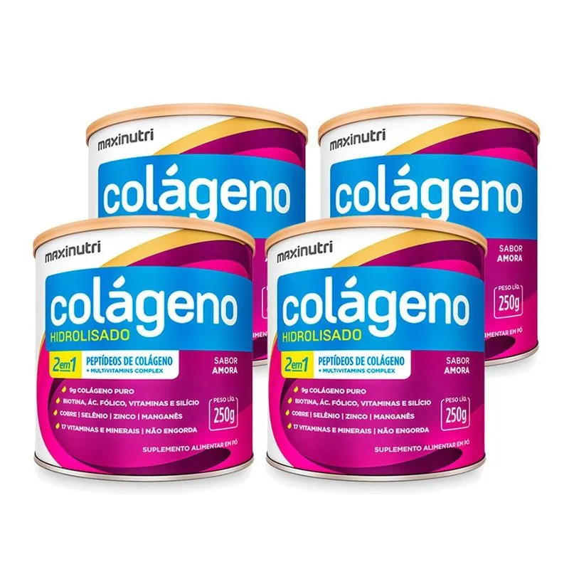 Kit 04 Colágeno em Pó Hidrolisado Lata 250g Amora Maxinutri
