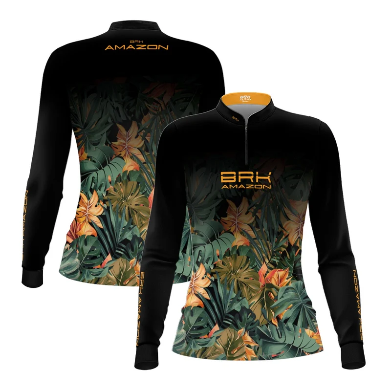 Camisa Agro Feminina Brk Amazon Preta Folhagem com Proteção UV50 G