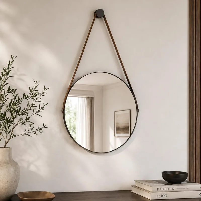 Espelho Decorativo Redondo Com Alça De Couro Sunset Preto - Luapa