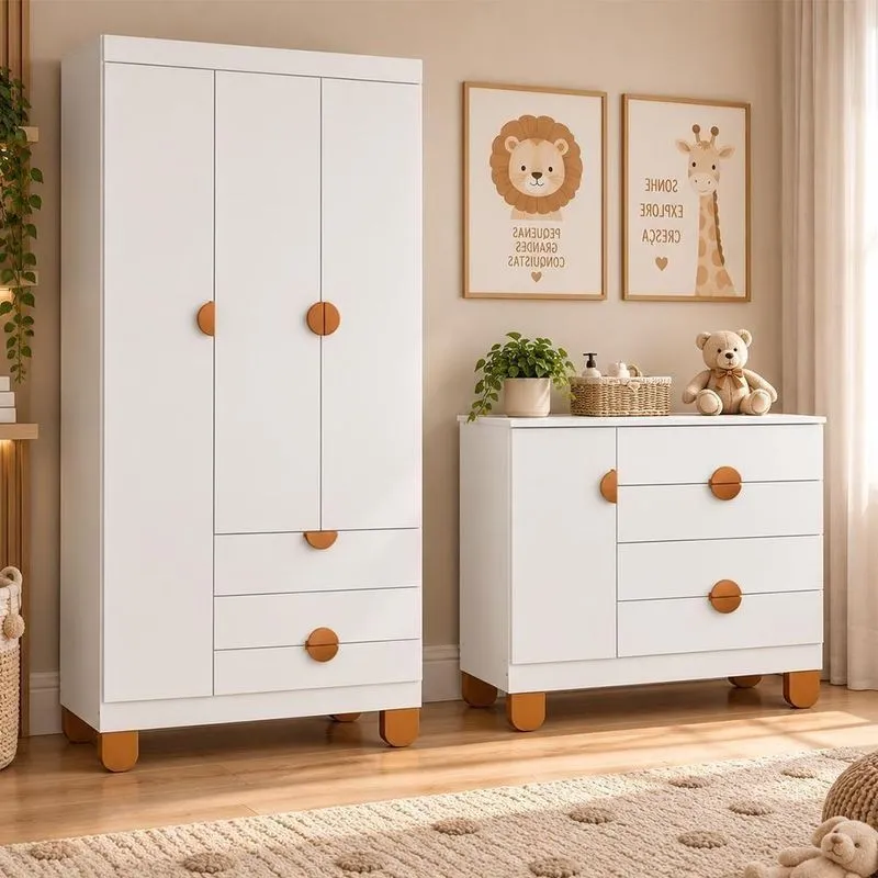 Cômoda Sapateira E Guarda Roupa Apolo 4 Gavetas MDF Branco Fosco Reller Móveis