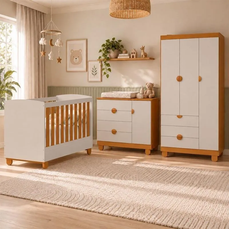 Dormitório Infantil Apolo Com Guarda Roupa Cômoda Berço 3 Portas 3 Gavetas MDF Areia Fosco-Savana